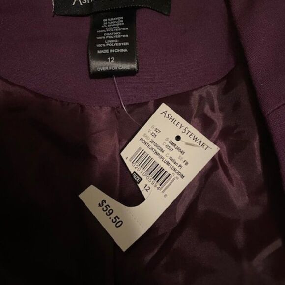 Ashley Stewart Plum open blazer with faux leather on side, size 12 - Picture 4 of 4